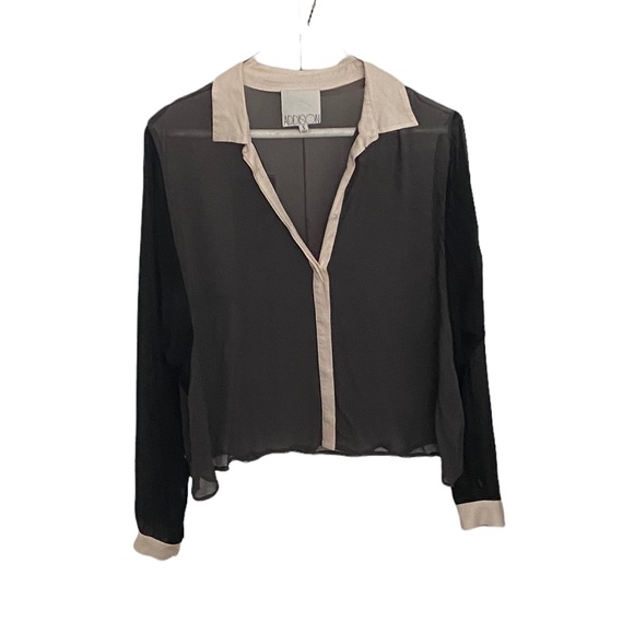 ADDISON sheer black-grey blouse with shirt collar, size small - Picture 2 of 4